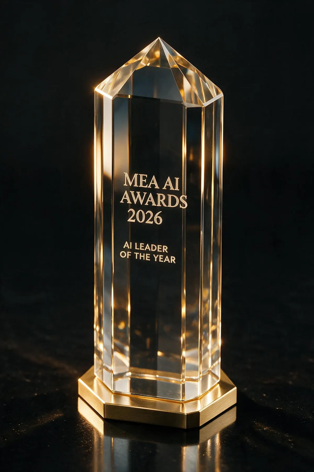 Crystal trophy etched with AI Leader of the Year