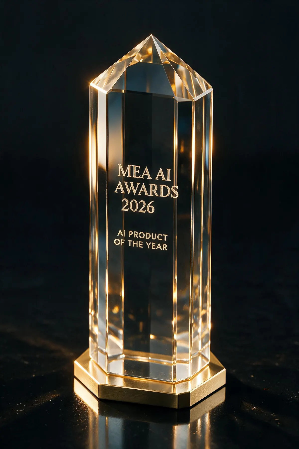 Crystal trophy etched with AI Product of the Year