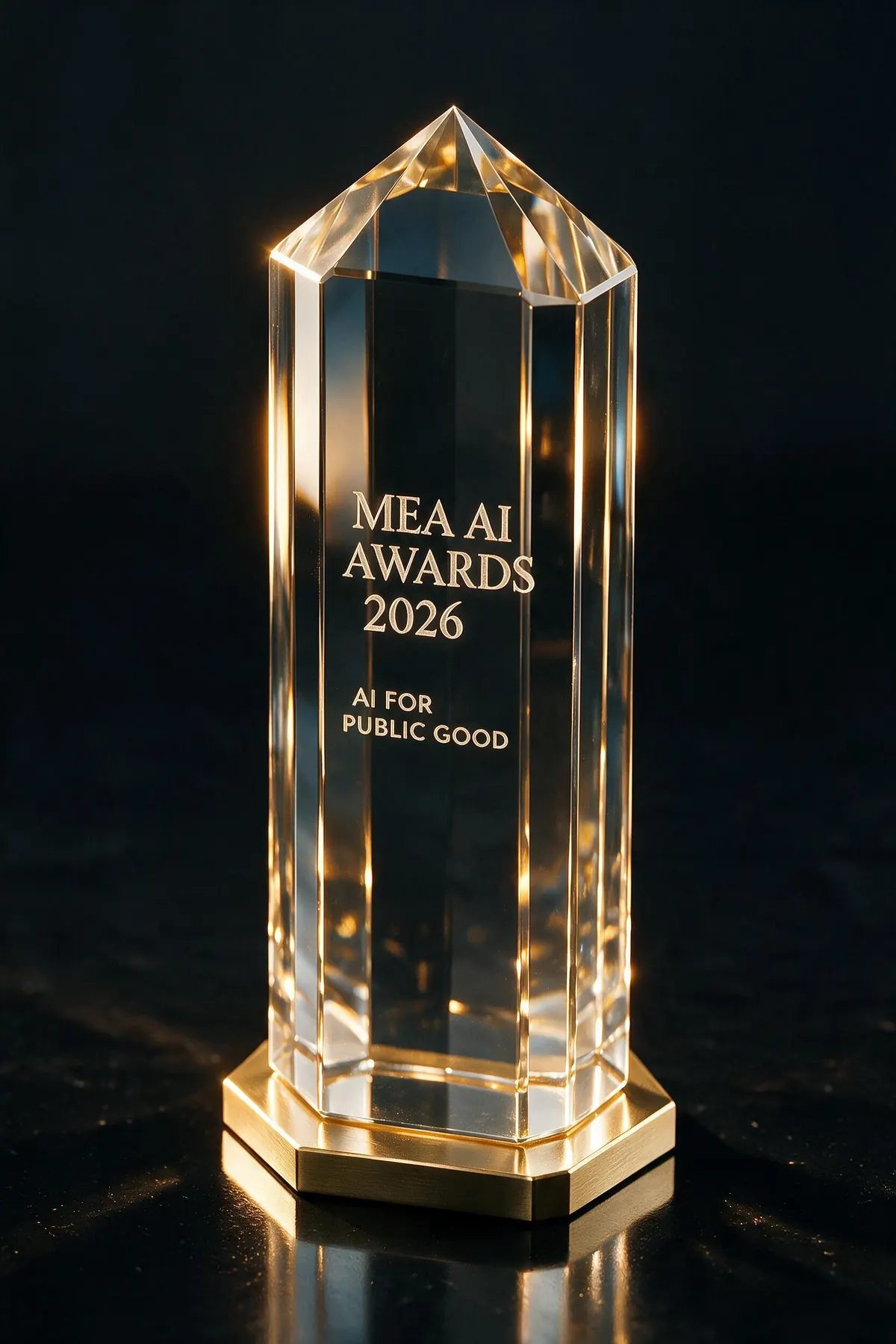 Crystal trophy etched with AI for Public Good