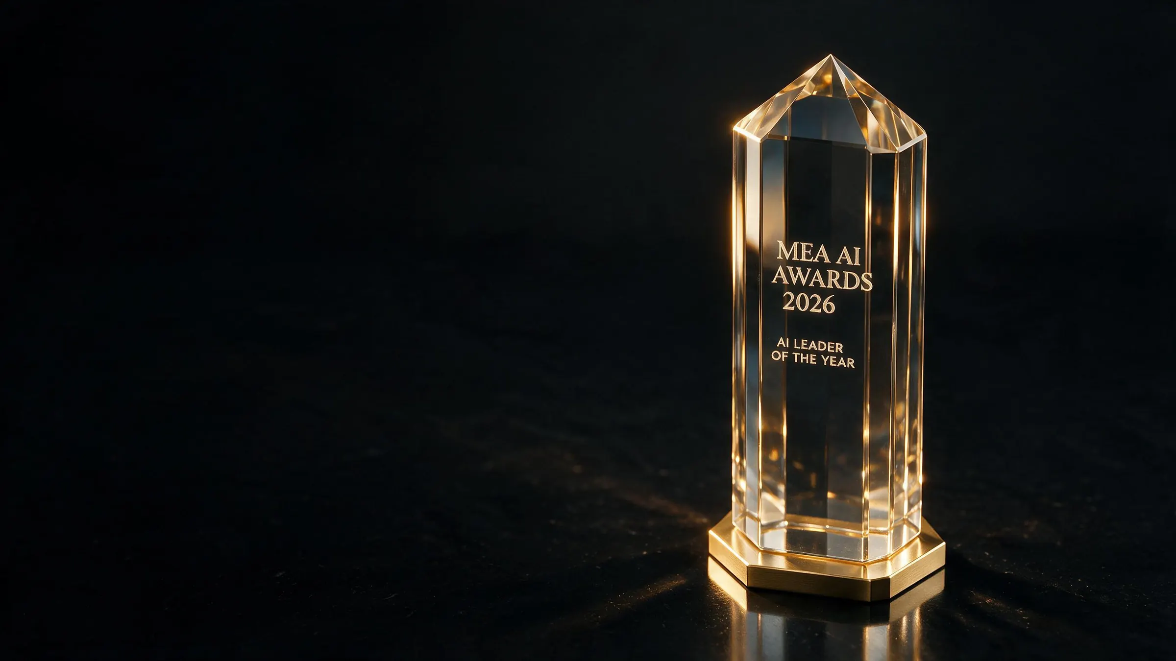 The MEA AI Awards crystal obelisk trophy on a gold base, lit by a single warm light
