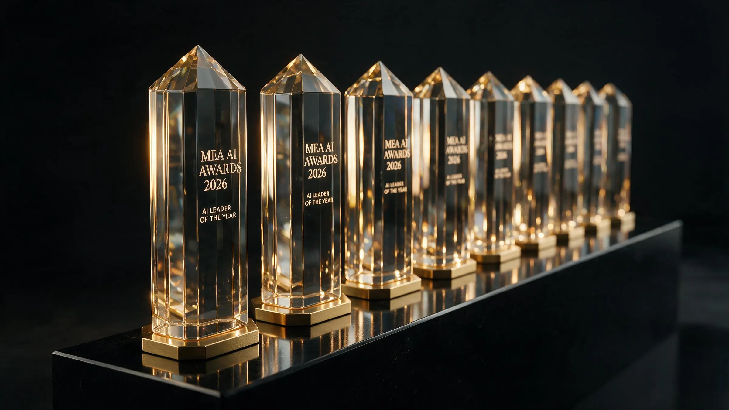 A row of identical crystal obelisk trophies on a black plinth