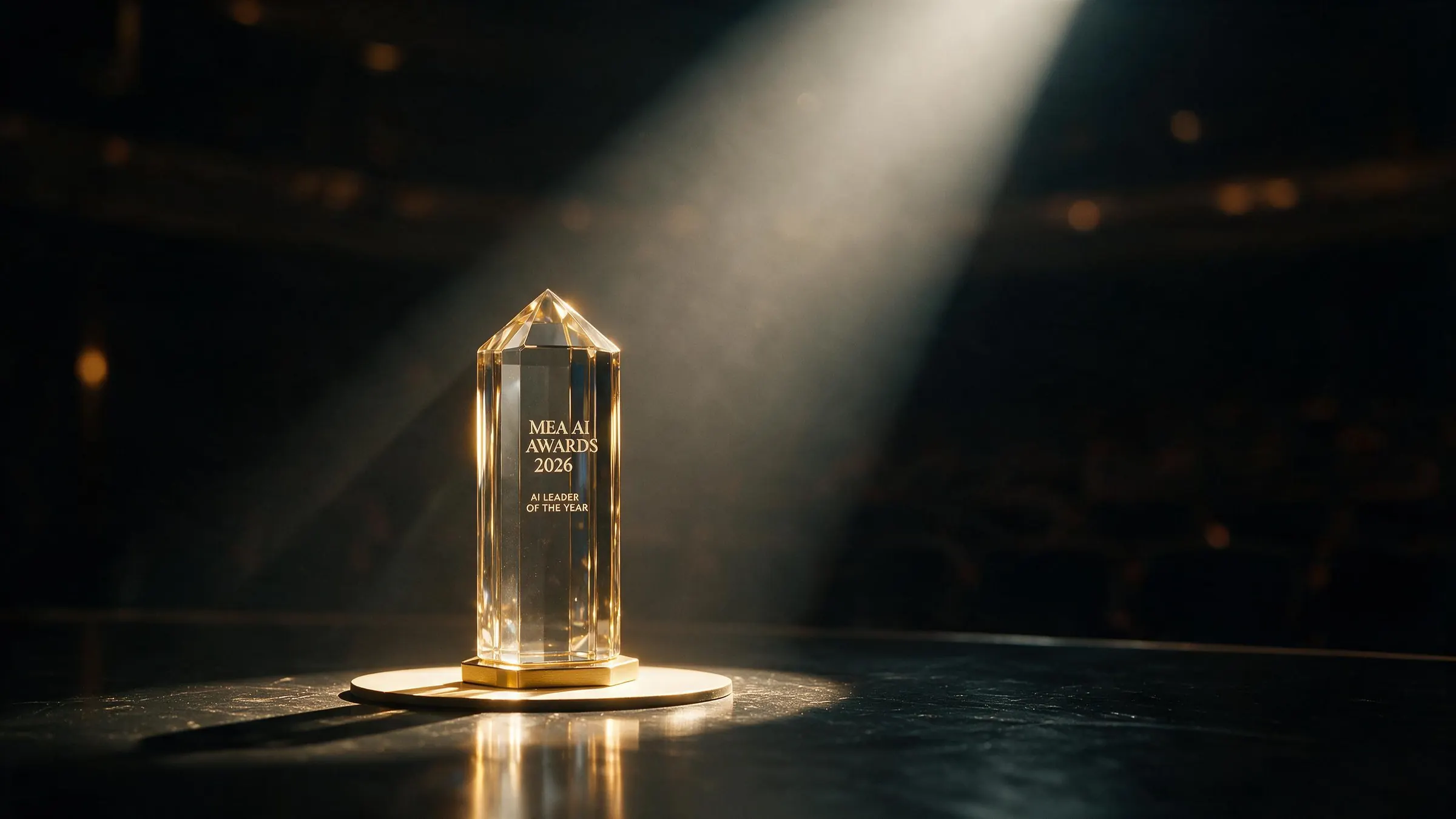 The crystal trophy on a lit pedestal on a dark ceremony stage, under a single spotlight